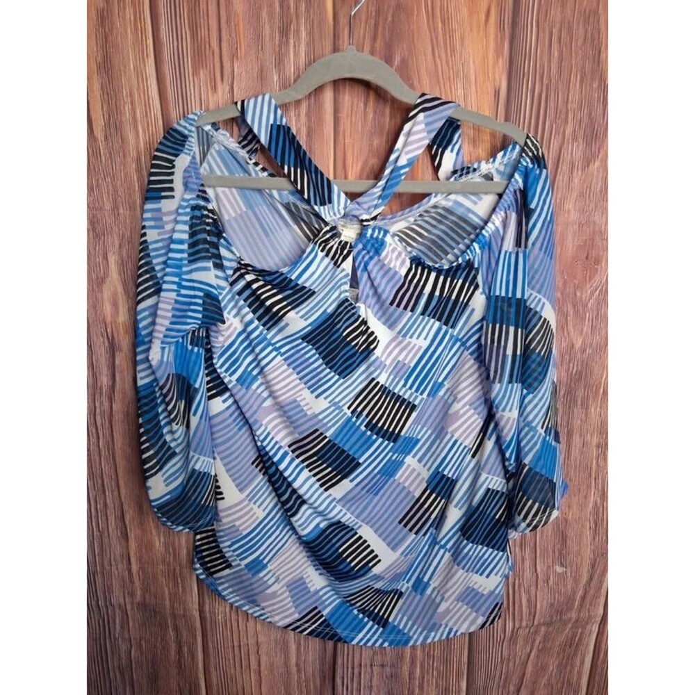 Cato Blue Geometric O-Ring Cold Shoulder Blouse Sz 14/16W